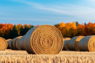 Golden hay bales stack in vast green field under blue sky, a rural landscape of summer harvest