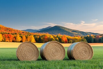 Golden hay bales dot a vast green field under a clear blue sky, painting a picturesque rural landscape