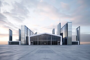 Factory's exterior, featuring clean lines, innovative architecture, and eco-friendly features. Beautiful simple AI generated image