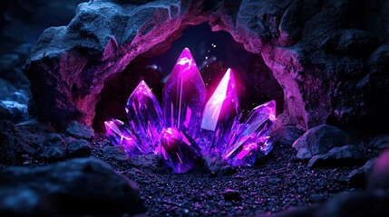 A stunning display of purple crystals emerging from a rocky cave, illuminated by a magical glow, perfect for fantasy-themed projects.
