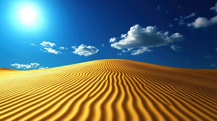 Naklejka premium A serene desert landscape featuring golden sand dunes under a bright blue sky, dotted with fluffy clouds and warm sunlight.