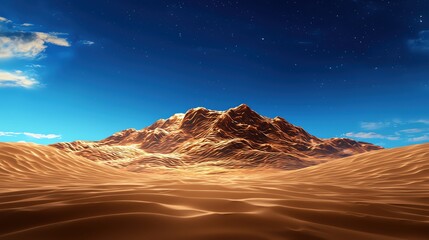 Obraz premium A stunning desert landscape featuring a majestic mountain under a clear blue sky and soft golden sand dunes.