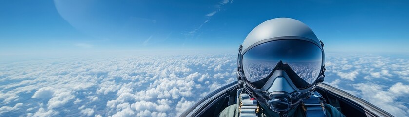 Fototapeta premium A pilot's helmet reflects a view of the clouds and blue sky from the cockpit of an airplane.