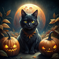 Black Cat with Glowing Eyes Sitting Near Pumpkins Under Full Moon