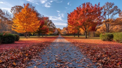Vibrant autumn pathway lined with colorful trees and fallen leaves in a tranquil park during peak foliage season. Generative AI