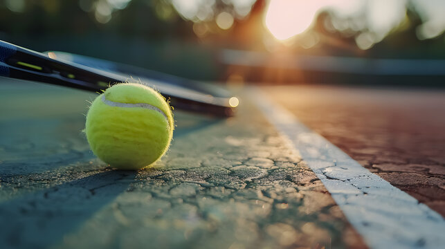 Tennis Ball with Racket on Court: Tennis ball and racket on a tennis court, highlighting 