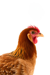A close-up of a brown chicken with a reddish-brown comb and wattles, standing against a white background. The chicken has a plump body and detailed feathers, showcasing its natural beauty.