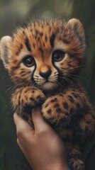 A cute baby cheetah being held by someone, very fluffy and adorable, photorealistic animal portrait for wildlife and conservation concepts Generative AI