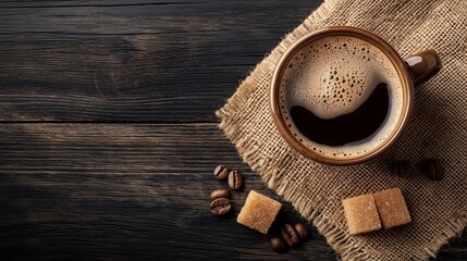 Coffee cup with brown sugar cubes and coffee beans on a burlap cloth