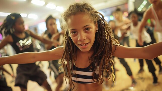 Image shows a girl in a dance studio with dreadlocks posing to the camera. Diverse dancers practice hip hop moves in the background, energetic and vibrant.
