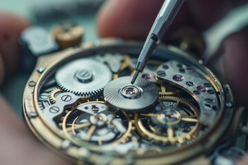 Fototapeta premium Close-up view of delicate watchmaking tools adjusting intricate gears inside a mechanical watch, illustrating precision and craftsmanship.