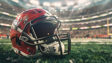 Ball of American Football Players and Helmet on Stadium Background: American football ball 