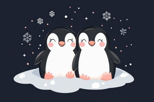 two penguins are sitting on a snowflake