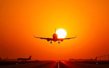 Fototapeta premium Airplane Landing Against a Vivid Orange Sky at Dusk