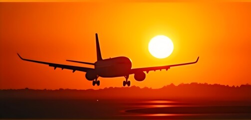 Silhouetted Airplane Landing at Sunset with Vibrant Orange Sky