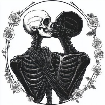 two skeletons kissing in a frame with roses