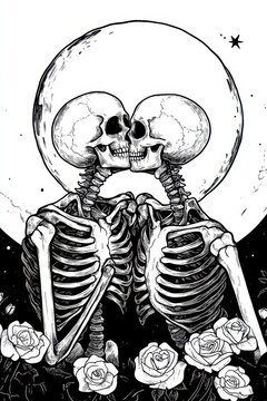 two skeletons are kissing in a black and white drawing