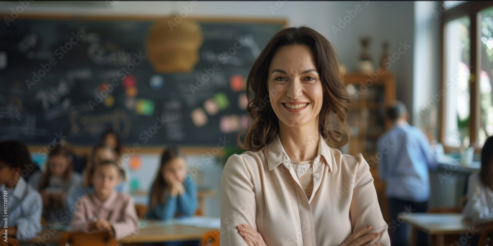 Poster an enthusiastic educator stands confidently with arms crossed, smiling warmly as students work dilig