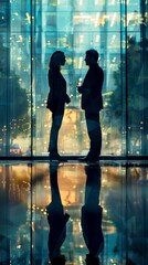 Two professionals, a man and a woman, chat indoors near a city view at night. Business attire suggests work talk in silhouette.