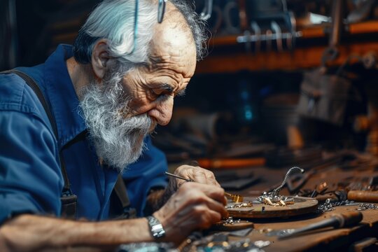 Close-up photo of a jeweler's hands carefully working on a ring with a large blue sapphire gemstone.. Beautiful simple AI generated image