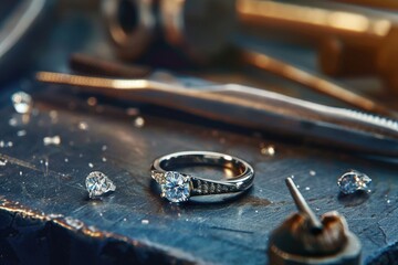 Close-up of a hand of a goldsmith who builds a precious jewel with valuable diamonds. Beautiful simple AI generated image