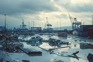 Naklejka premium A desolate, flooded industrial landscape with debris, abandoned vehicles, and cranes under a gloomy sky, expressing an apocalyptic and abandoned atmosphere.