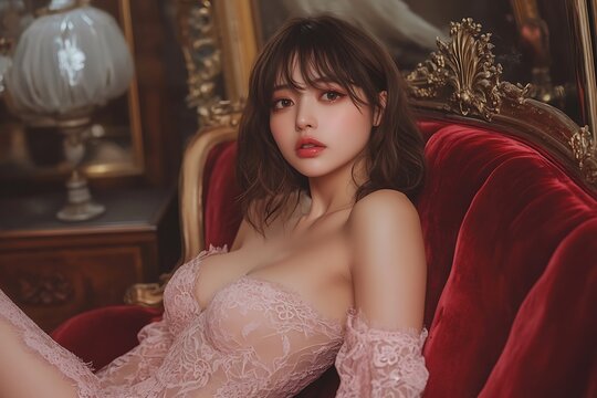 Girl on a red sofa, looking at the camera