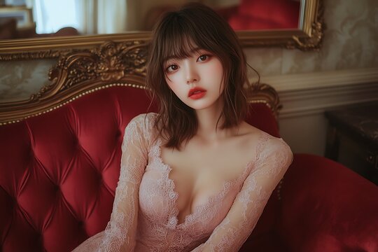 Girl on a red sofa, looking at the camera