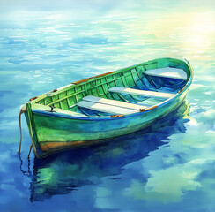 Green Rowboat Floating on Calm Water. Watercolor