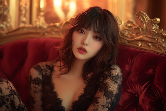 Girl on a red sofa, looking at the camera