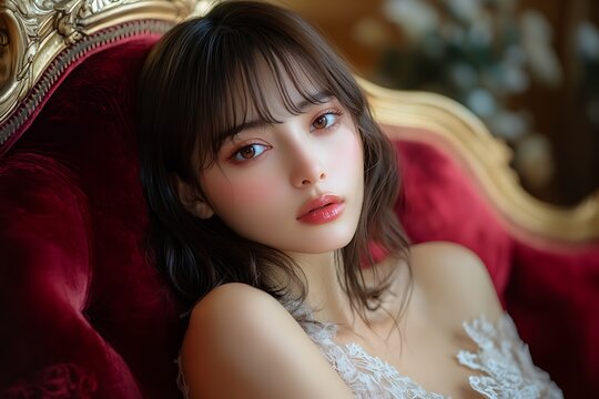 Girl on a red sofa, looking at the camera