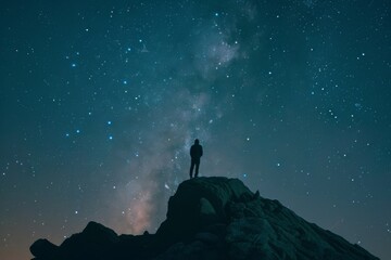 A lone figure stands on a rock under a mesmerizing, starry night sky, contemplating the vastness of the universe.