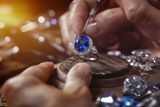 Master jeweler inserts precious stones into a piece of jewelry - a ring with sapphire and diamond in the workshop, close-up. Beautiful simple AI generated image