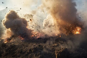 A thunderous volcanic explosion blasts rocks and lava into the air, creating a chaotic and fiery display against a dramatic sky.