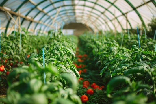Rows of lush tomato plants thriving in a greenhouse, demonstrating agriculture's blend of traditional farming and modern technology.