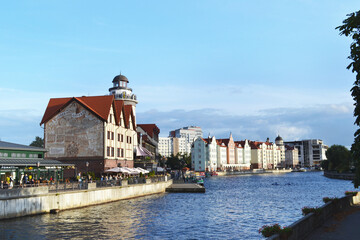 Obraz premium horizontal banner, Kaliningrad, Russia, view of the Fish Village and Kanta Island, the historical center, the Pregolya River and the city embankment