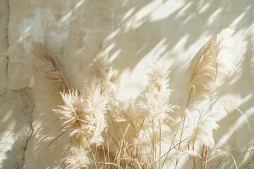 Pampas grass bathed in soft sunlight casts delicate shadows on a textured, weathered wall, evoking a serene, natural ambiance.