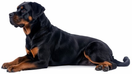 Obraz premium Black and Tan Rottweiler Dog Lying Down on White Background