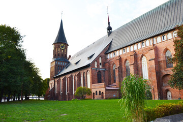 Kaliningrad, Russia, view of the Cathedral and Kant Island, historical center, sunny day, city park