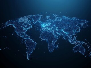 An illustration of artificial intelligence in a global business structure, featuring a networking map, net electric wave, dot matrix, and abstract plexus design, ideal for tech visuals