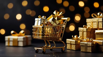 golden shopping cart with many gift boxes on dark background with glittered bokeh.