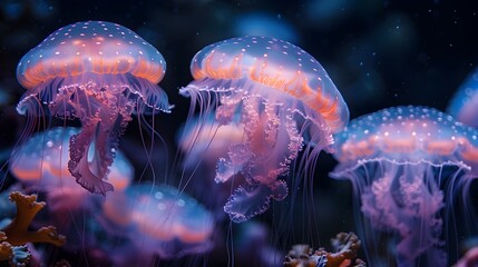 Obraz premium Ethereal Floating Jellyfish in an Underwater Dreamscape of Captivating Marine Wonders