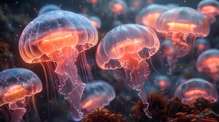 Fototapeta premium Ethereal,Floating Jellyfish in an Underwater World of Mystical Serenity and Otherworldly Beauty
