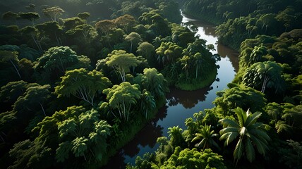 green beautiful amazonian jungle landscape with trees and river, drone view.