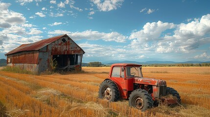 Rustic red tractor parked in golden fields beside an old barn under a vibrant blue sky. Generative AI