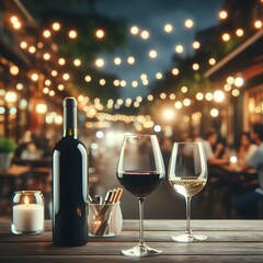 glass of wine and bottle on wooden table with blur background with lights of street bar.