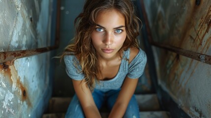 Fototapeta premium A young woman captures contemplation on weathered steps in an abandoned building during golden hour. Generative AI
