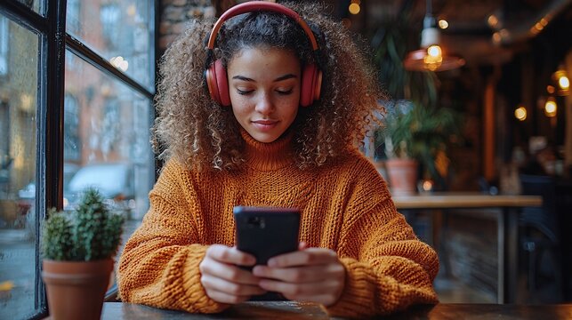 A person sitting at a desk in a coworking space, holding their phone horizontally with wireless headphones, watching a tutorial video.
