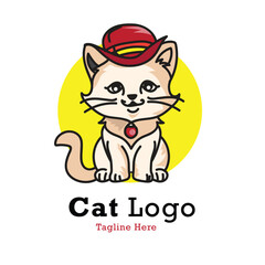 Cute cat logo vector illustration for pet shop, animal service and more with dummy text on white background.