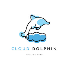 Naklejka premium Cloud and dolphin together concept art logo vector illustration for cloud based internet service, storage service and others. White isolated background.
